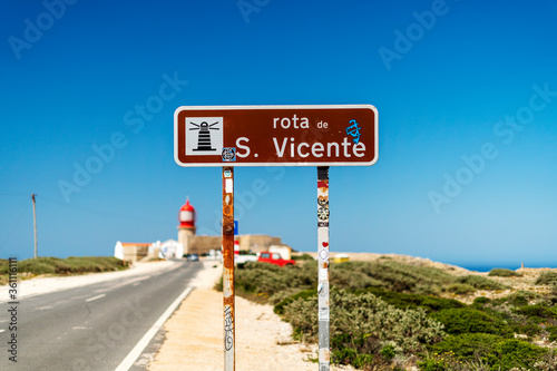Sign informing about Saint Vincent Route in Sagres, Portugal