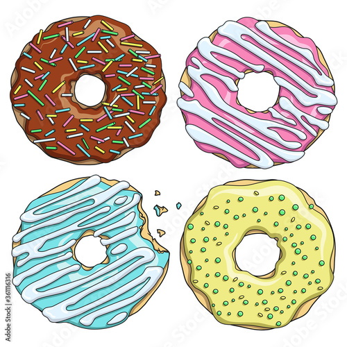 Set of cartoon colorful tasty donuts on the white background. Vector Illustration.