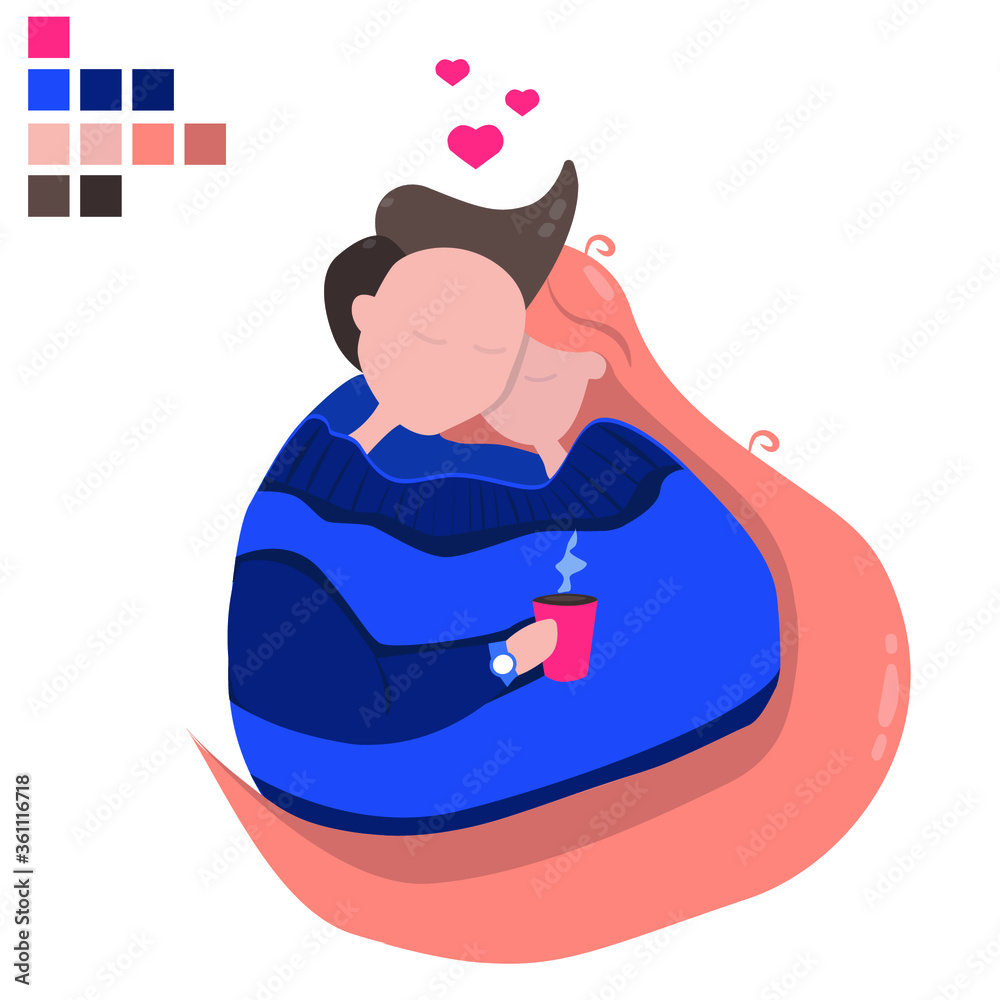 vector, linear illustration, flat, man and woman, love, warmth, people hugging, drinking coffee
