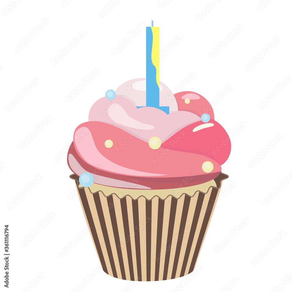 Birthday cupcake with candle. Realistic cupcake. Sweet creamy desserts muffins with frosting flavors decoration, delicious confectionery and baking. Birthday cupcake with candle. Realistic cupcake. Sweet creamy desserts muffins with frosting flavors decoration, delicious confectionery and baking.