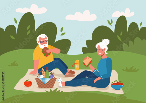 Old couple having picnic outdoors Happy retirement flat vector sketch illustration. Elderly man and woman sitting on ground.