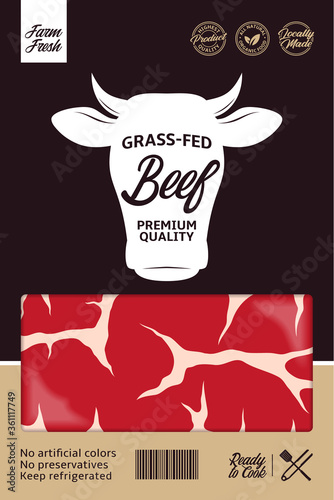 Vector beef packaging or label design. Cow icon. Meat beefsteak background