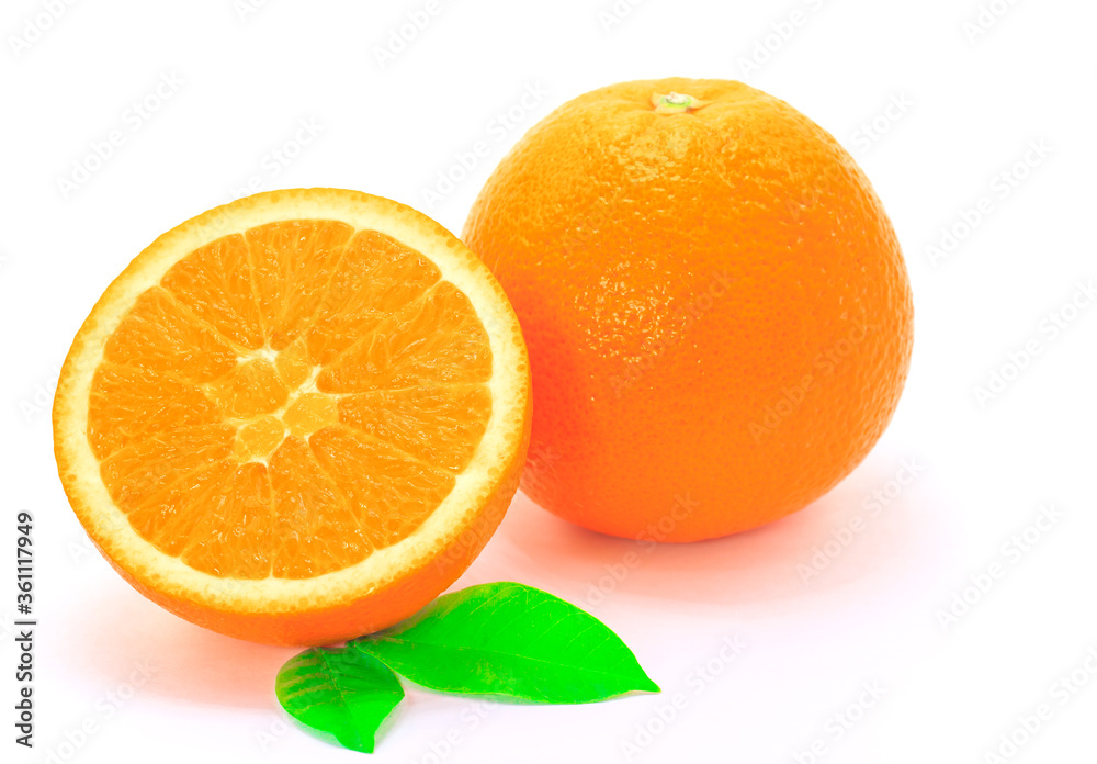 One orange fruit and half cut orange on white background
One orange fruit and half cut orange on white background