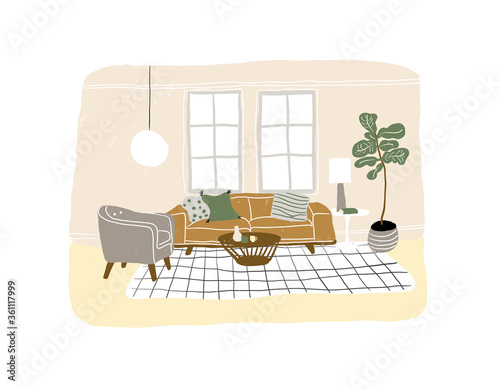 interior design vector illustration. living room hand drawn furniture.	