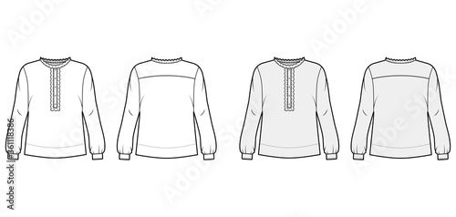Shirt technical fashion illustration with oversized body, concealed button fastenings along front, ruffles, cropped sleeves. Flat apparel template front, back, white color. Women, men unisex mockup
