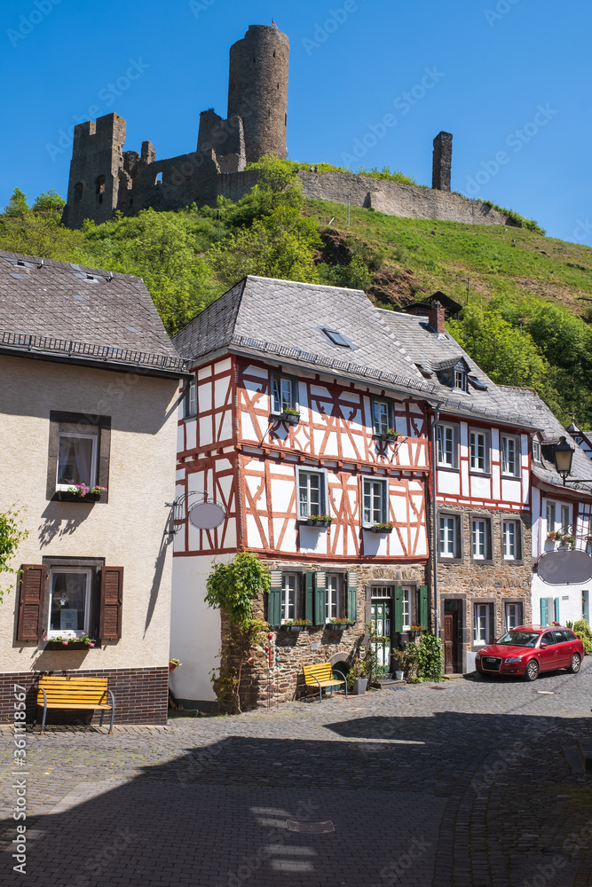 Half-timbered houses in Monreal / Germany in the Eifel below the ruins of the Lion Castle