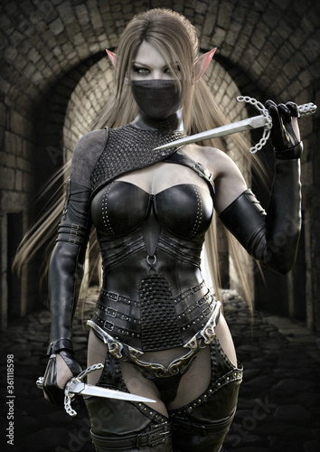 Dekoracja na wymiar  portrait-of-a-masked-fantasy-elf-assassin-female-wearing-dark-leather-armor-and-armed-with-two-sai-s-warrior-has-long-brown-hair-and-is-walking-toward-her-target-3d-rendering-fantasy-illustration