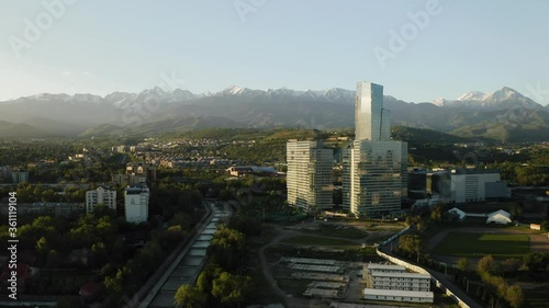 Aerial view of Esentai Tower Business Centre at sunrise. Almaty, Kazakhstan. photo