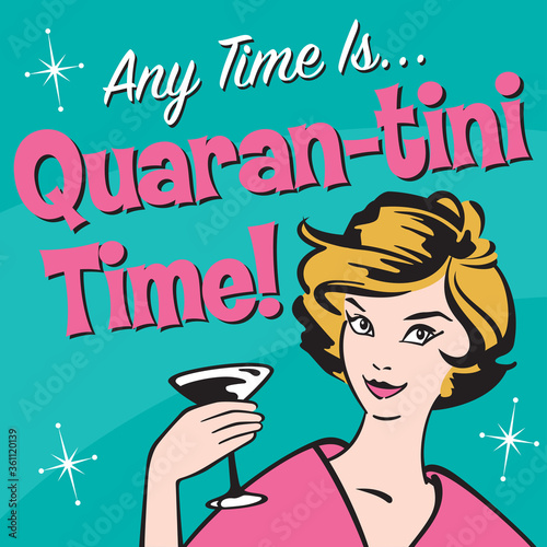 Retro woman enjoys martini in quarantine
Vector illustration of smiling, attractive vintage mid-century woman with martini glass.