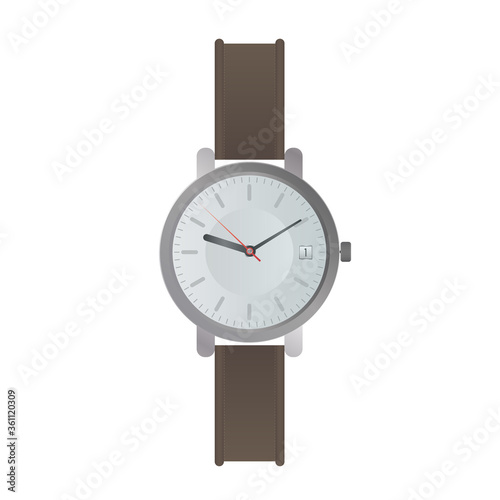 Wristwatch with a white dial and a brown strap. Wristwatch in a realistic style. Isolated. Vector.