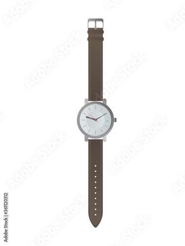 Wristwatch with a white dial and a brown strap. Wristwatch in a realistic style. Isolated. Vector.