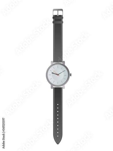 Wristwatch with a white dial and black strap. Wristwatch in a realistic style. Isolated. Vector.