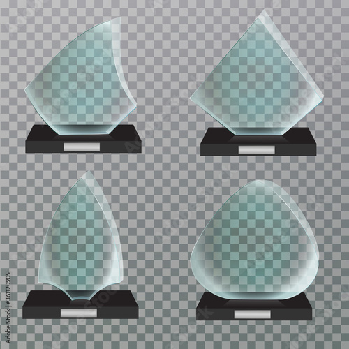 Set of glass Award template isolated on transparent background. winner podium plate.