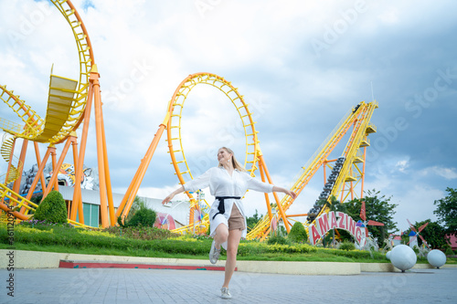 Women enjoying,Girls having fun at the amusement park on weekend.