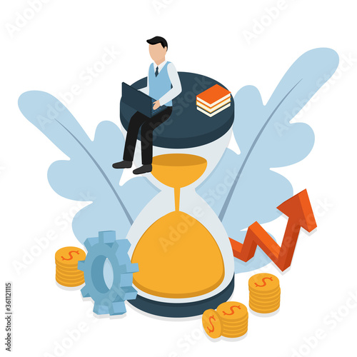 Business concept. Businessman. Finance, time runs out on an hourglass, analytical analytical information about the company. Flat isometric character.