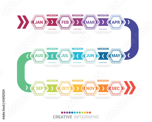 Timeline business for 12 months, 1 year, Timeline infographics design vector and Presentation business can be used for Business concept with 12 options, steps or processes. 