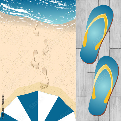 Illustration en 2 parties - des empreintes de pas de pieds nus sur le sable d’une plage et une paire de tong sur des planches de bois grises.