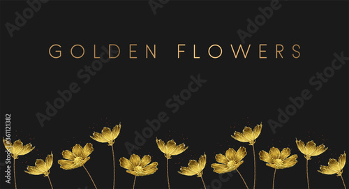 Low poly banner with golden growing flowers.
