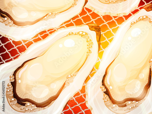 網焼きにする牡蠣の背景イラスト_海鮮焼き_熱々