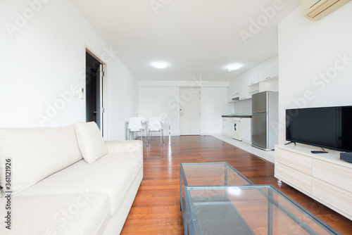 Modern living room and kitchen in small apartment 