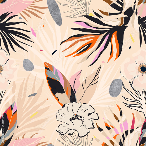 Trendy floral artistic illustration pattern. Creative collage with shapes. Seamless pattern. Fashionable template for design. © Irina