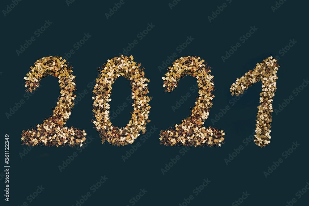 Golden stars sparkles shaped 2021 number on dark background. New Year festive concept. Golden stars sparkles shaped 2021 number on dark background. New Year festive concept.