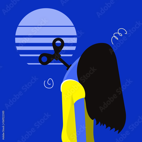 Depressed and unenergetic  looking girl. She has a wind-up toy key on her neck. Concept of disinterest and lack of enthusiasm. Flat style illustration. 