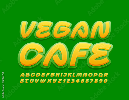 Vector bright banner Vegan Cafe. Yellow and Green creative Font, Handwritten Alphabet Letters and Numbers