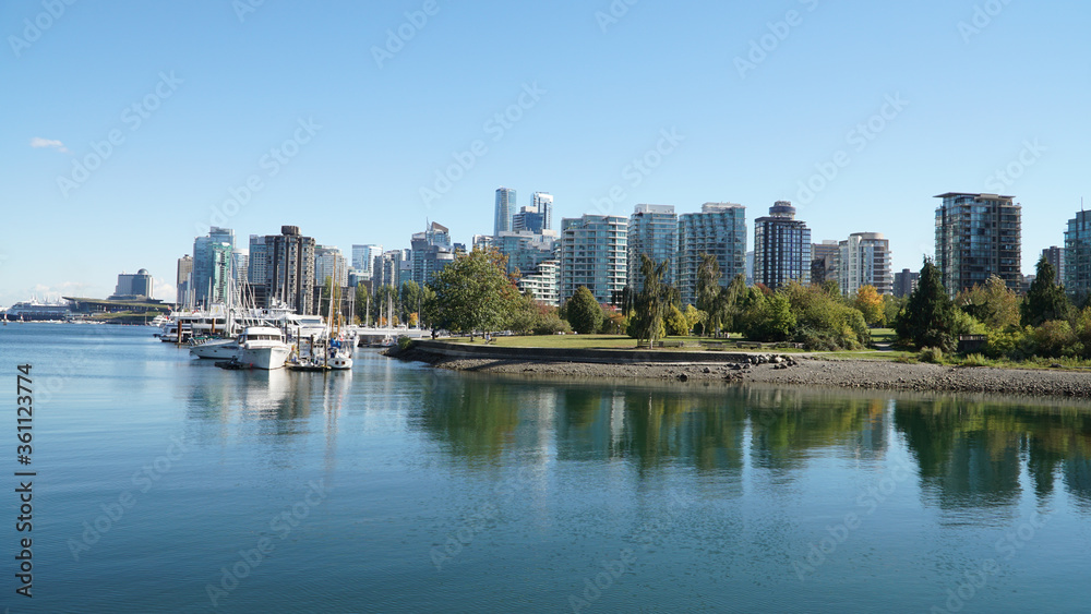 Skyscraper and city landscape on a sunny day in Vancouver, Canada.