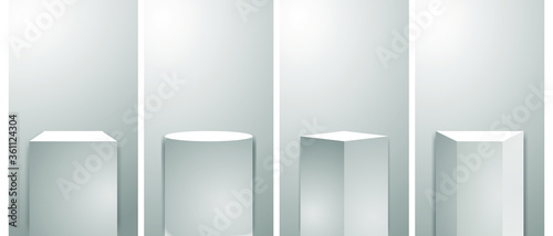 Museum stage. Realistic cubes podium, 3d exhibit displays. Gallery geometric blank product stands. Spotlight illuminates pedestal vector set