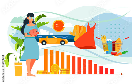 Drop in income among working women concept. Woman holds piggy bank and graph shows a drop in income and a deterioration in living standards. Vector illustration