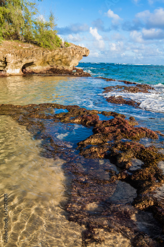 Waves Crash Over Exposed Coral Reef on Kawailoa Bay Beach, Mahaulepu Beaches, Poipu, Kauai, Hawaii, USA photo