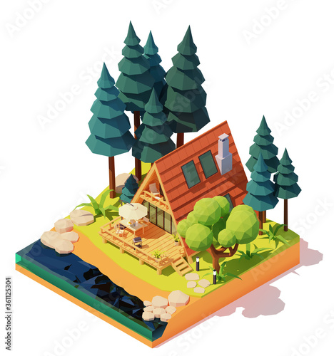 Vector isometric modern a-frame house in the pine wood. Wooden a-frame cabin on the river or lake bank. Outdoor furniture on patio, umbrella, table, chairs, barbeque grill