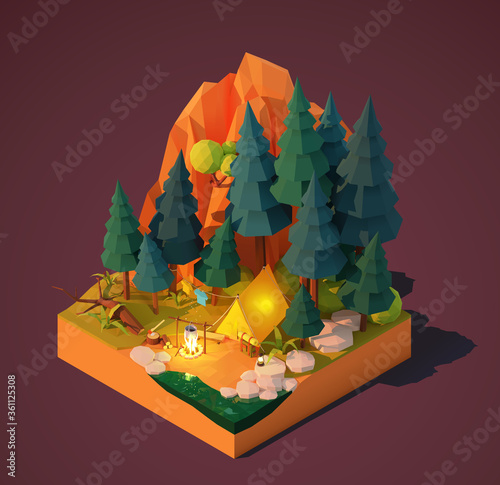 Vector isometric camping in the forest. Campsite near the river or lake, pine trees and mountain. Campfire, tent, backpack and tourist equipment. Tourist cooking food on fire. Camping adventures