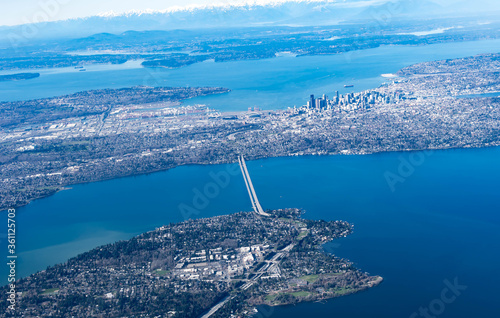 Aerial view of the Mercer Island, Homer Hadley Memorial Bridge and Lacey Murrow bridge Seattle USA