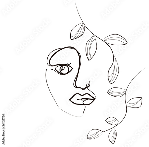Face drawing line vector. Minimal beautiful woman with leaves illustration.