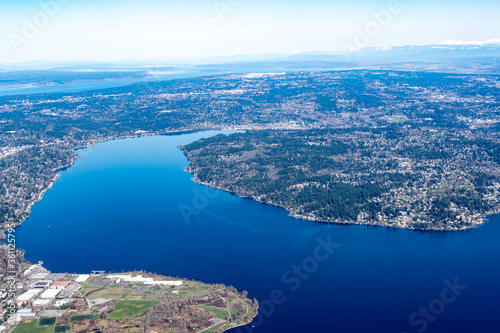 Aerial view of the Mercer Island, Homer Hadley Memorial Bridge and Lacey Murrow bridge Seattle USA