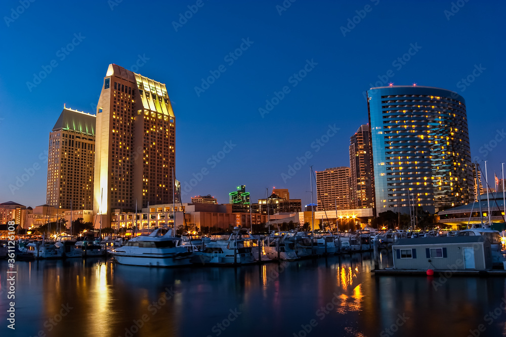 Sunset on Pleasure Boats Moored in Embarcadero Marina,San Diego,California,USA