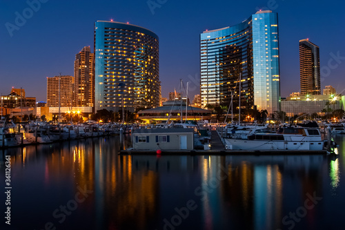 Sunset on Pleasure Boats Moored in Embarcadero Marina San Diego California USA