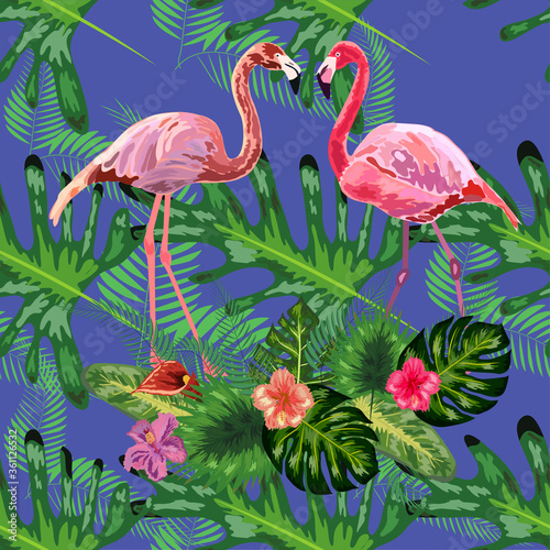 Trendy seamless pattern pink flamingo birds couple. Bright camelia flowers. Tropical monstera green leaves.