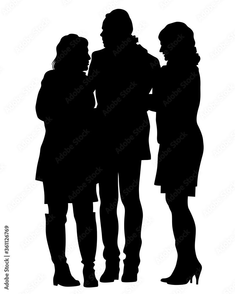 Young women talk to each other. Isolated silhouettes on a white background. Femenism Theme