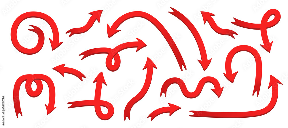 A large set of different 3D arrows. Red pointers up, right, left, down. Round, curved, straight cursors. Elements for banners and buttons. Transparent background. A large set of different 3D arrows. Red pointers up, right, left, down. Round, curved, straight cursors. Elements for banners and buttons. Transparent background.