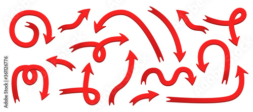 A large set of different 3D arrows. Red pointers up, right, left, down. Round, curved, straight cursors. Elements for banners and buttons. Transparent background.