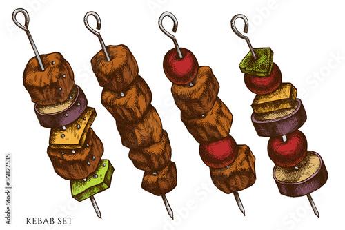 Vector set of hand drawn colored kebab