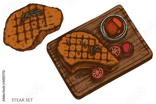 Vector set of hand drawn colored steak