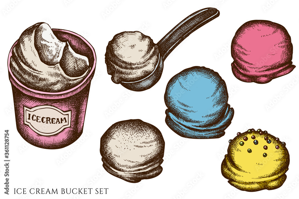 Vector set of hand drawn colored ice cream bucket, ice cream scoop, ice cream balls Stock Vector