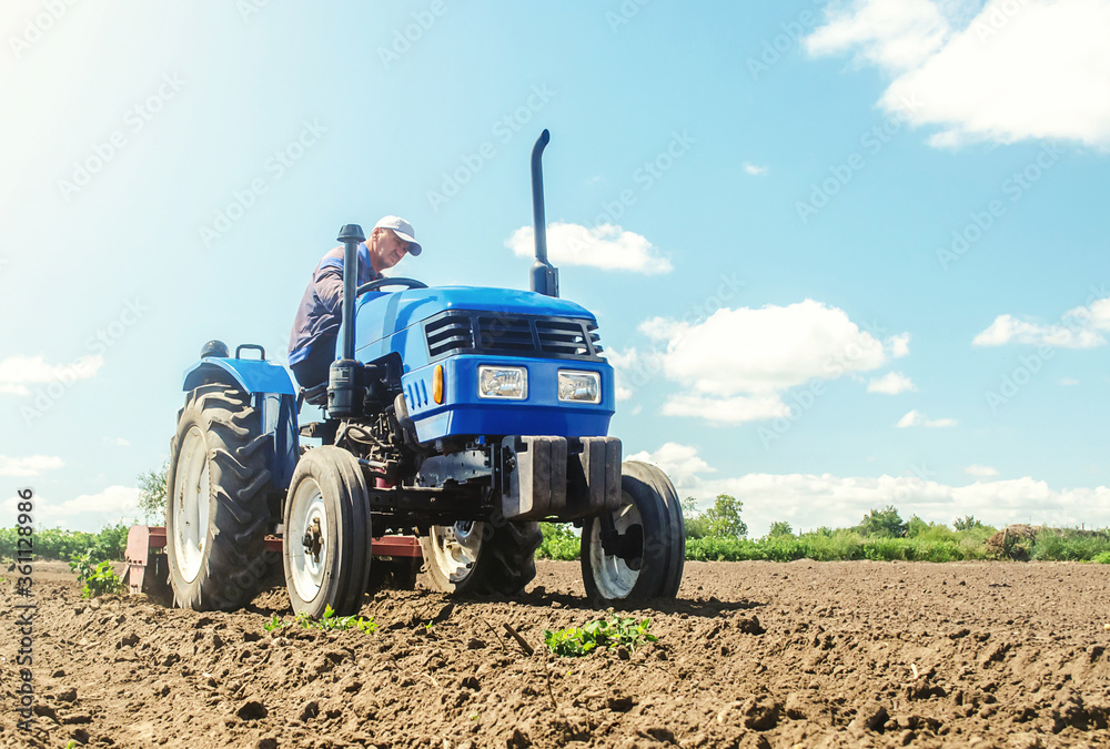 The farmer works on a tractor. Loosening the surface, cultivating the land for further planting. Grinding and loosening soil, removing plants roots from last harvest. Cultivation technology equipment. The farmer works on a tractor. Loosening the surface, cultivating the land for further planting. Grinding and loosening soil, removing plants roots from last harvest. Cultivation technology equipment.