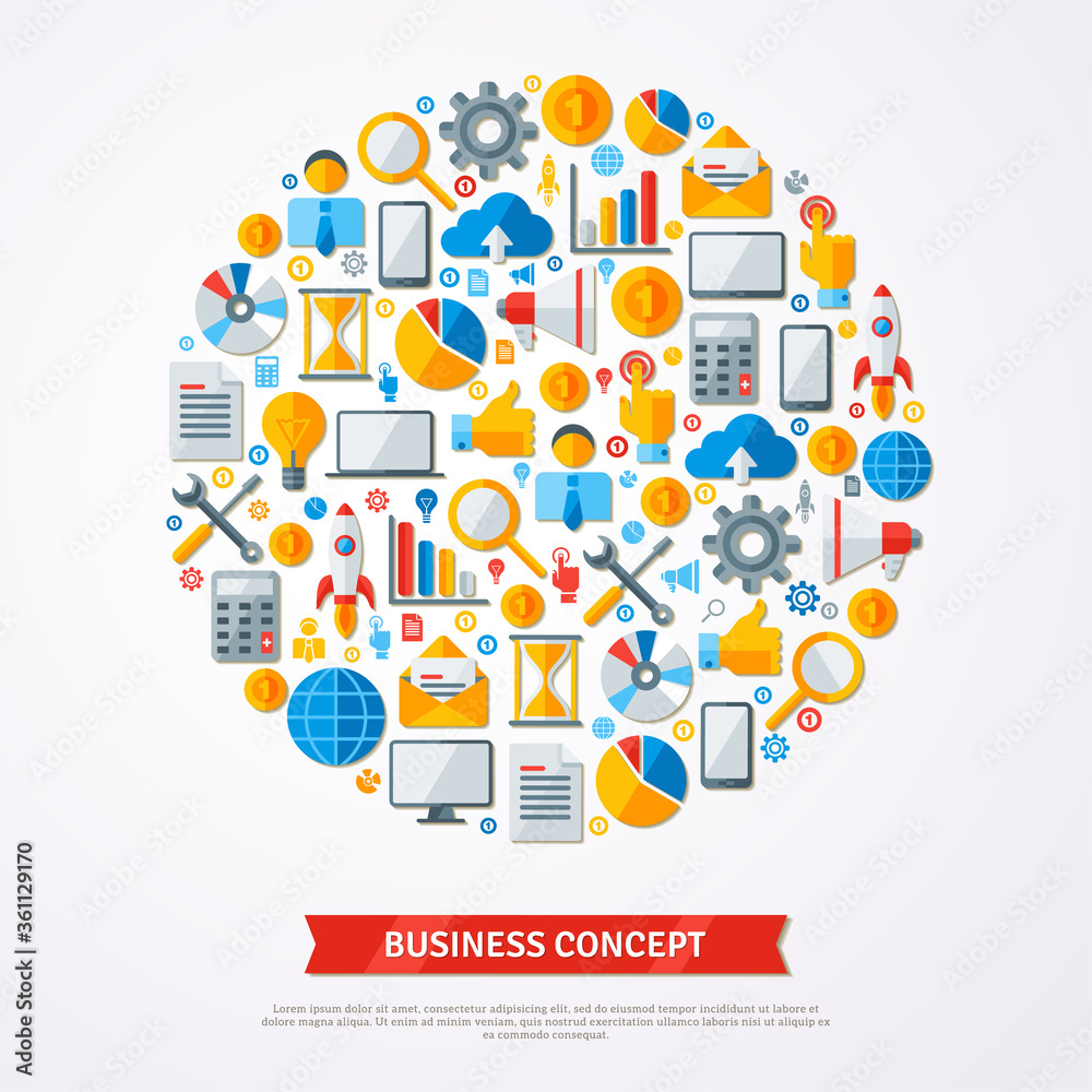 Business Creative Concept Background with Circle Assembled from Business Icons. Vector Illustration. Place for Your Text. Abstract Infographics Template. Business Icons Pattern.