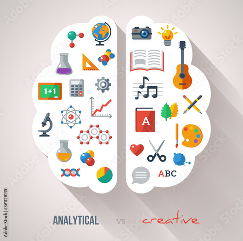 Creative Brain Idea. Vector concept. Sciences and arts. Back to school icons. Left and right brain functions.