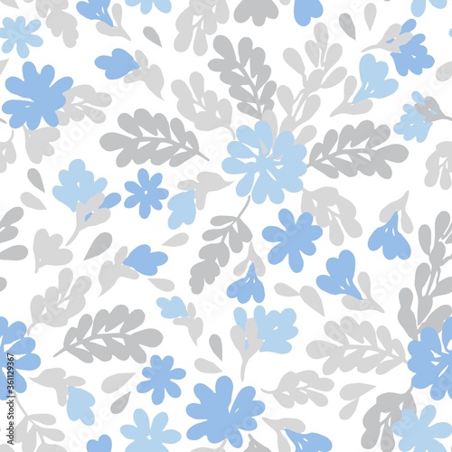 Seamless vector floral repeat pattern with tossed tonal spring summer flowers in light baby blue and gray with branches, leaves and twigs
